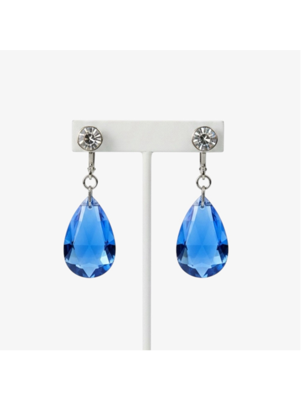 Vintage 1940s Blue Glass Teardrop Earrings Screw Back Rhinestone Dangle Sapphire